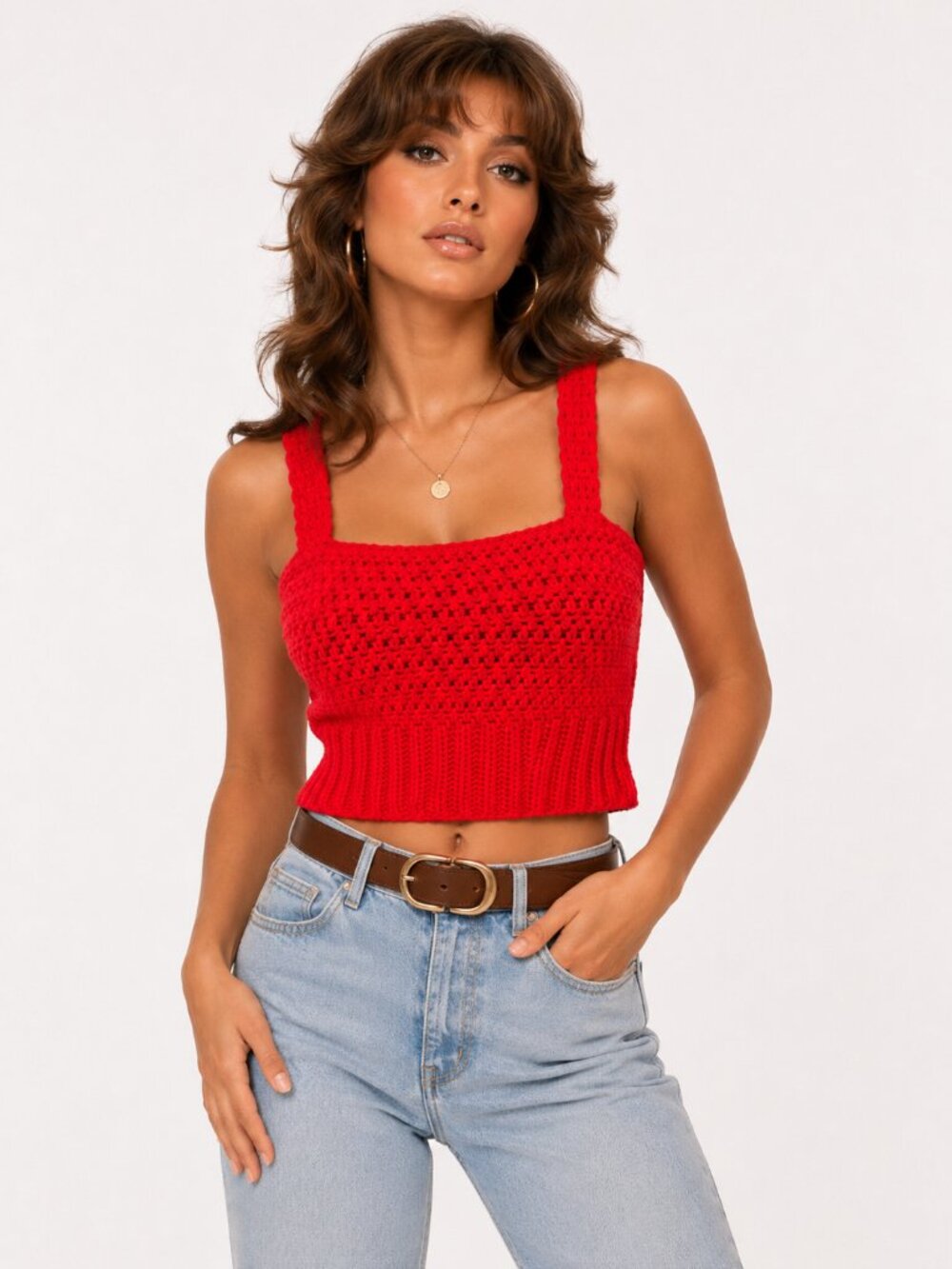 Vtg HANDMADE Crochet Knit Cropped Tank Top Sweater Red XS